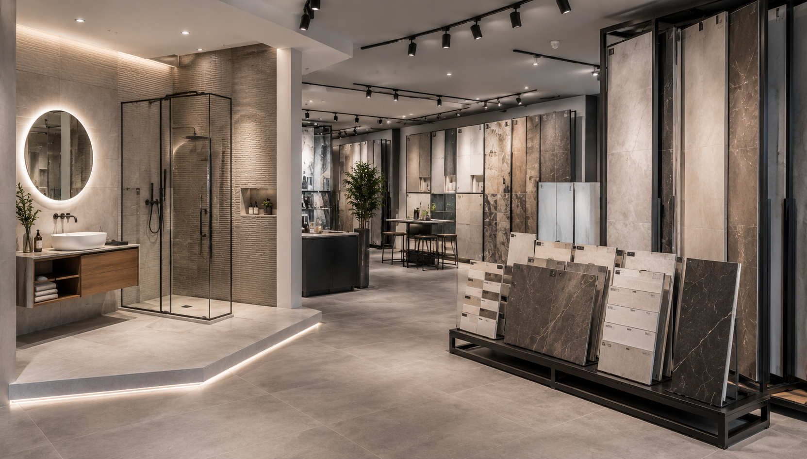 Alicatado de ambientes y exposición de colecciones cerámicas Ambiente cerámico con zona de baño, revestimientos de pared, pavimentos y expositores de muestras para exposición de colecciones.